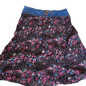90s Y2K floral denim leather tie waist A-line midi skirt western Summer prairie